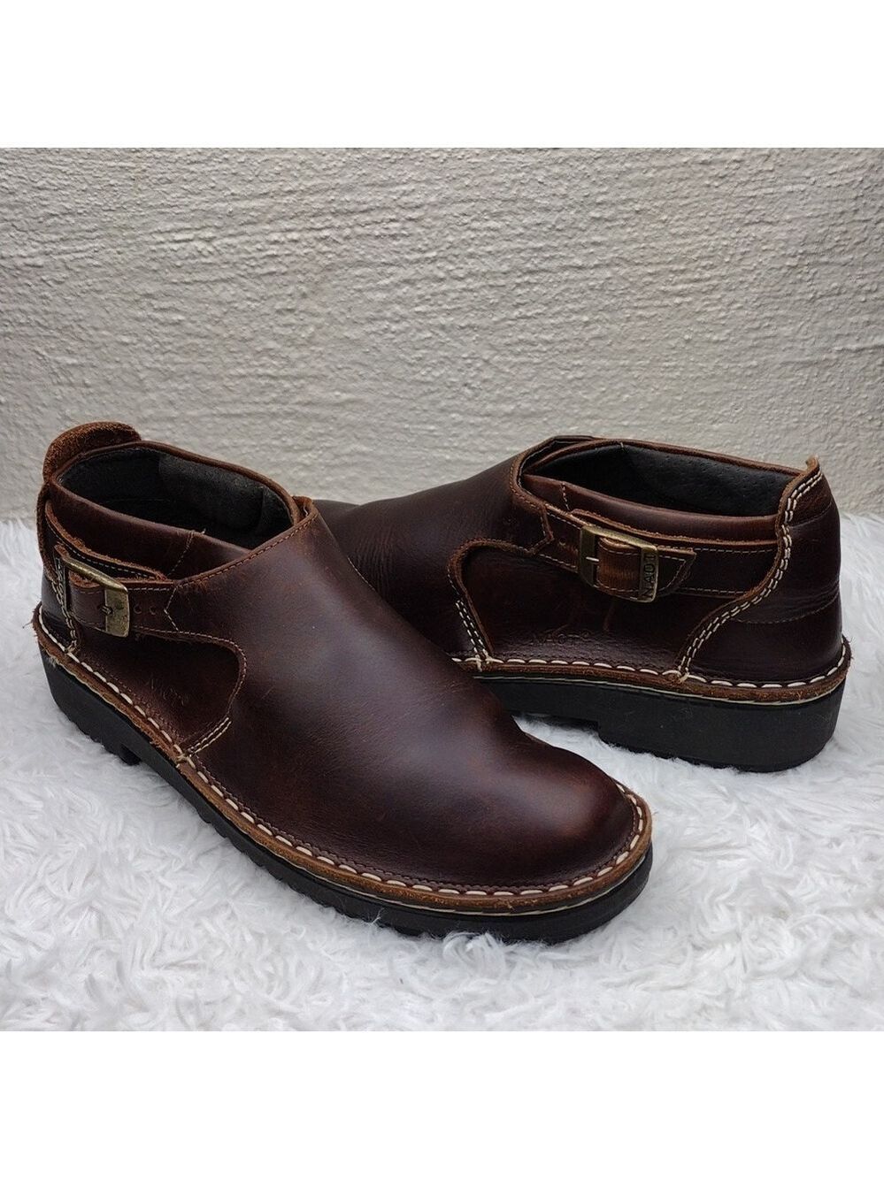 NAOT Malta Buffalo Brown Leather Buckled Strap Round Toe Low Heel Orthotic Shoe